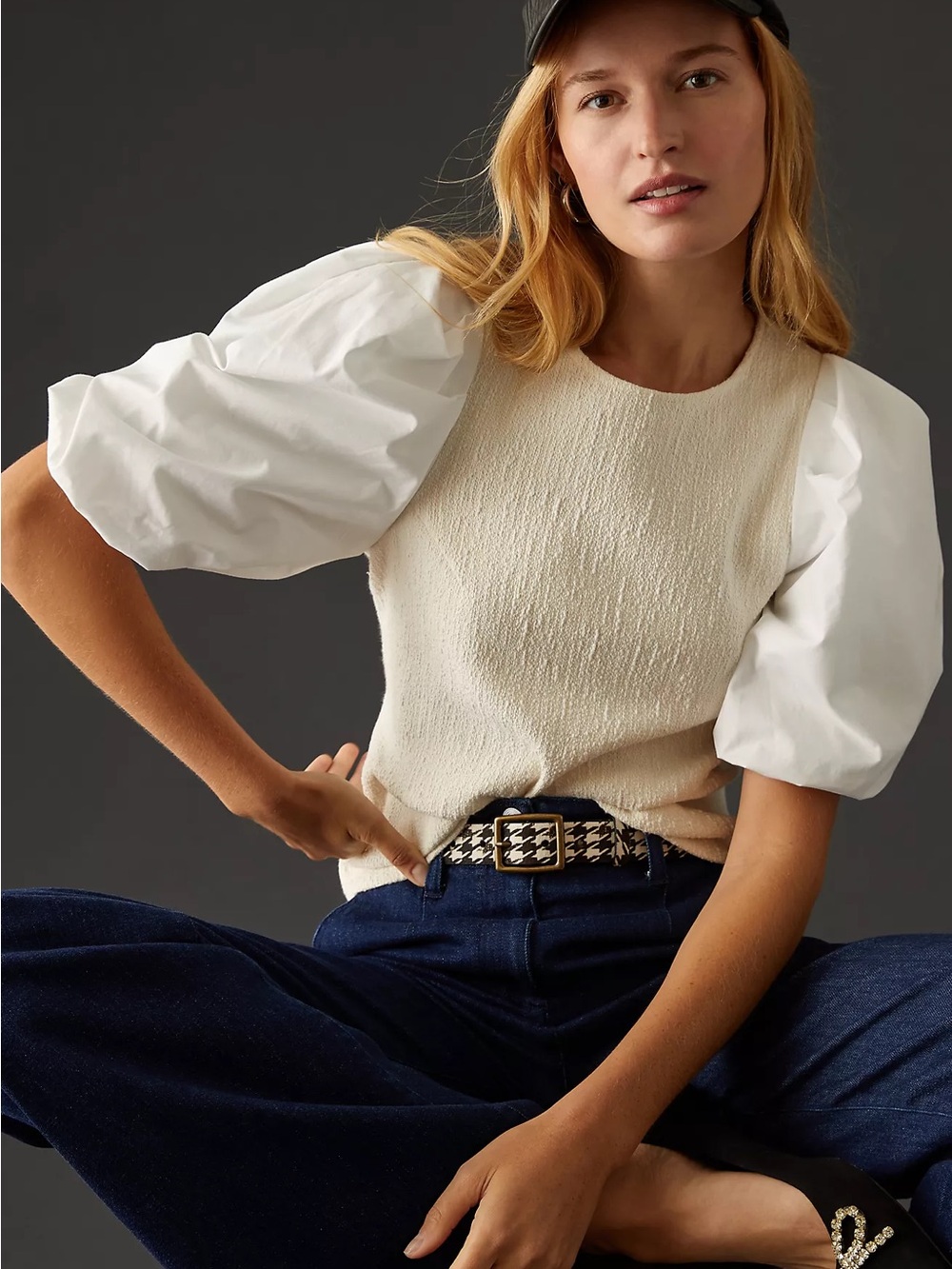 By Anthropologie Puff Sleeve White/Cream Blouse Top Sz S